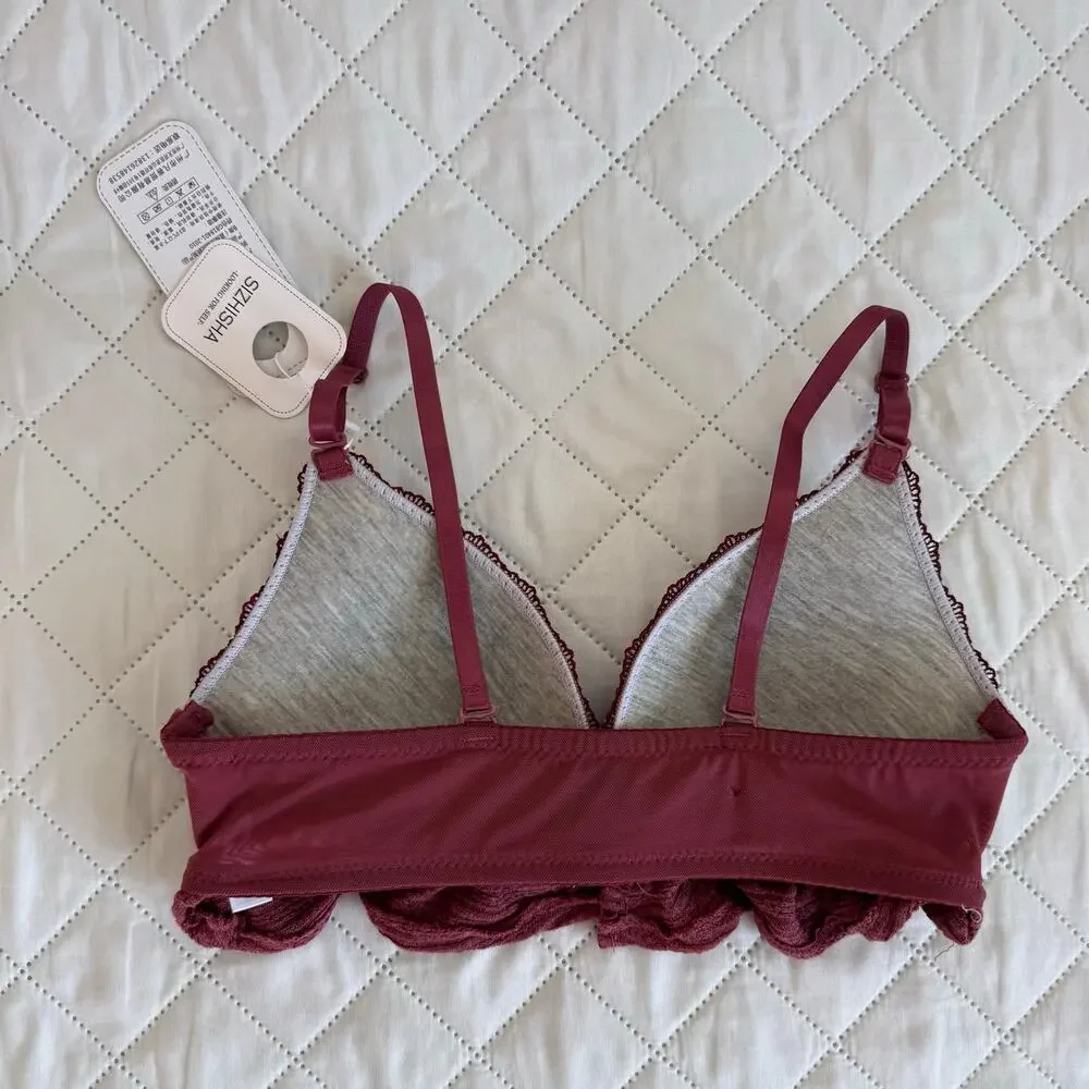 NWT Sizhisha Lace Bralette Wireless Triangle Bra Burgundy Wine Red Size 75B /34B